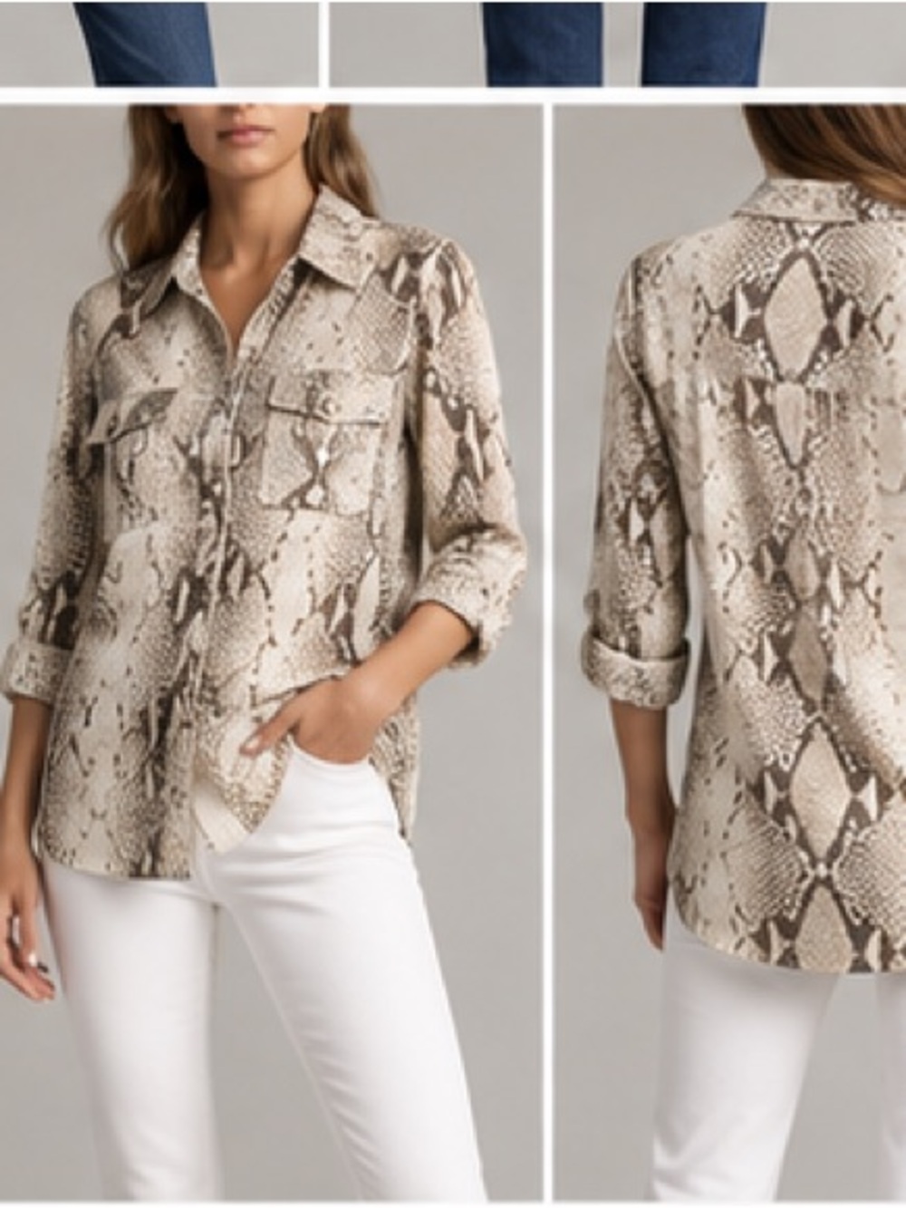 Calvin Klein neutral Snake Animal Print Button Up Blouse Top Brown & cream Small